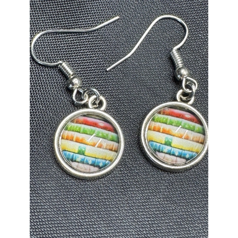 Silver Tone Round Earrings With Image Of Books